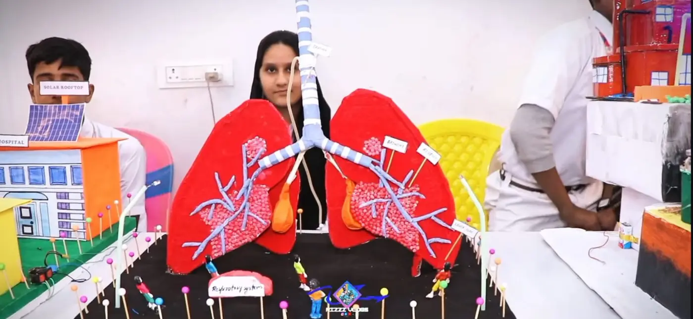A student stands behind a large handmade model of lungs labeled respiratory system.